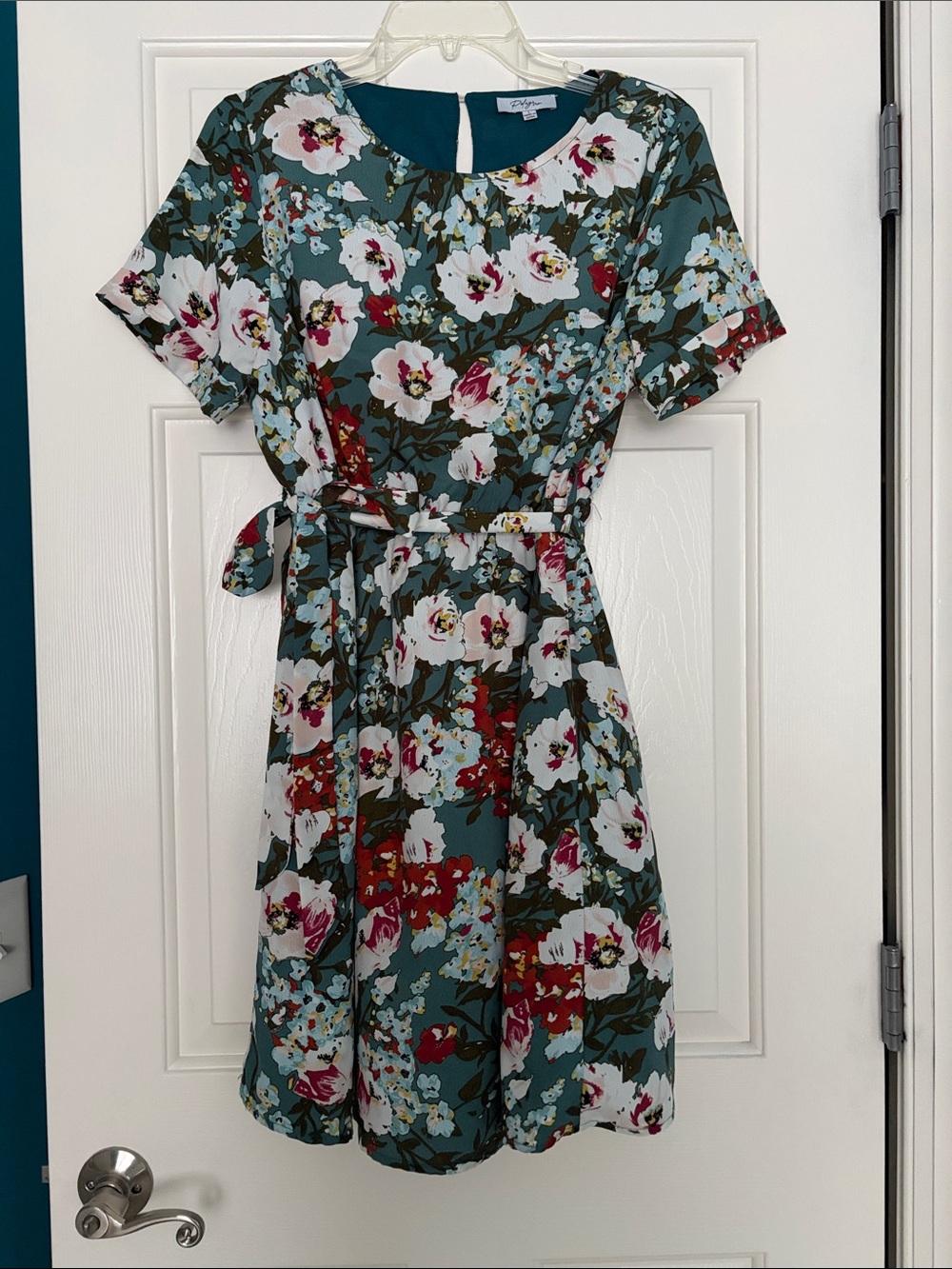 Polagram Floral Belted Teal Fit & Flare, faux wrap Dress size large